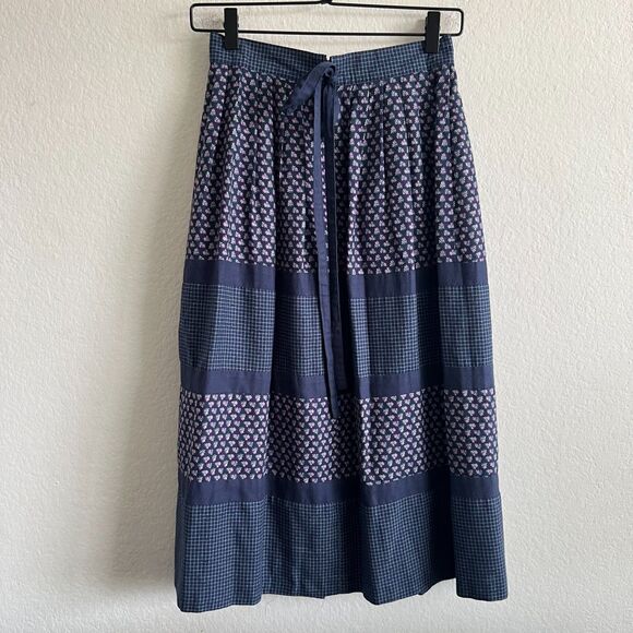 BETTY BARCLAY Vintage 70s Navy Blue Floral Grid A-Line Maxi Skirt Womens XS-S - Picture 2 of 6